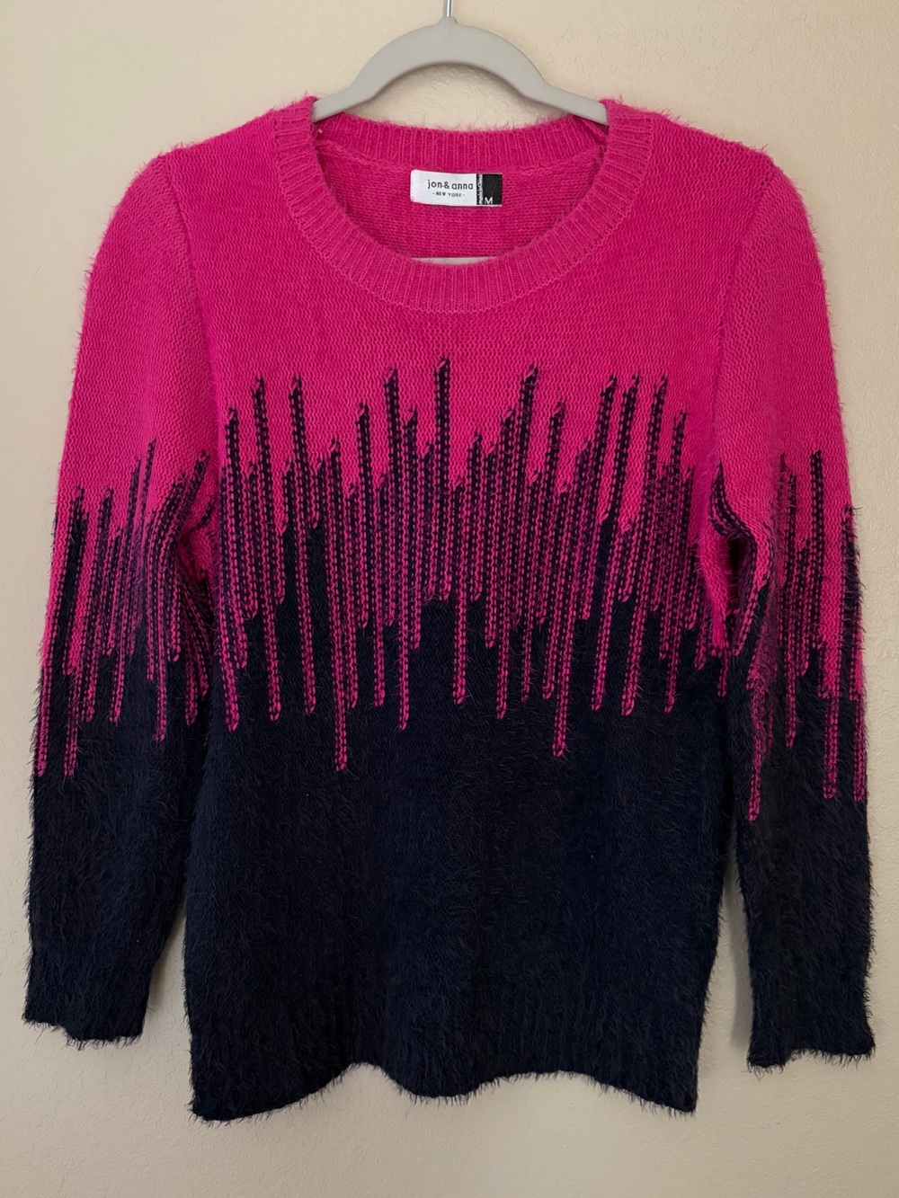 Jon & Anna Navy Blue & Pink Fuzzy Abstract Knit Crewneck Sweater M